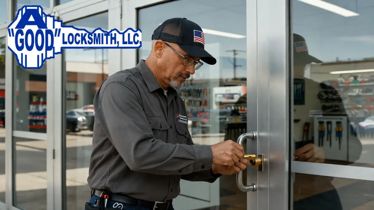 A Good Locksmith evaluating commercial door hardware and closer operation